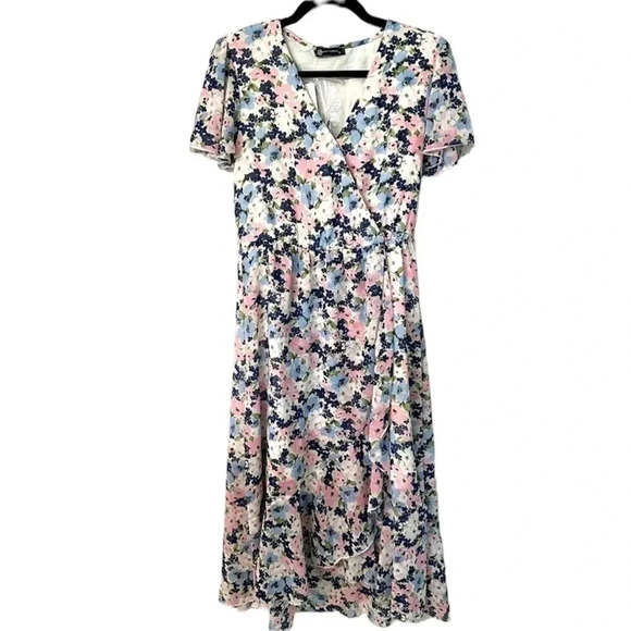 NWT Pretty Garden Women's Boho Ruffle Floral Summer V-Neck Faux Wrap Dress Sz Md - Picture 1 of 9